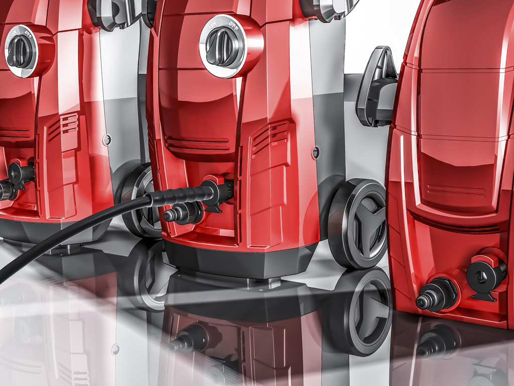 three high-pressure cleaners, one of which is connected with a hose