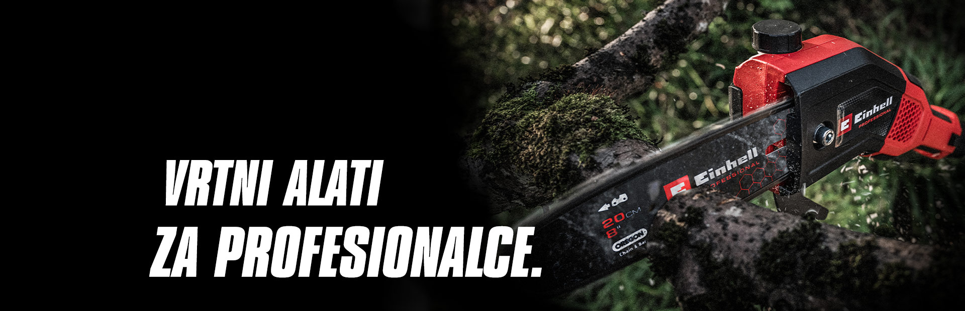 A red cordless chainsaw cuts through a branch, with the text "Garden Tools for Pros".