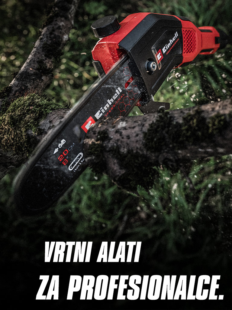 A red cordless chainsaw cuts through a branch, with the text "Garden Tools for Pros".