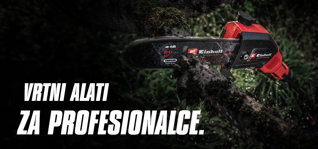 A red cordless chainsaw cuts through a branch, with the text "Garden Tools for Pros".