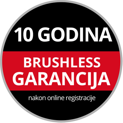 Round Warranty Logo with the text "10-Year Brushless Warranty, upon Online Registration" on a black and red background.