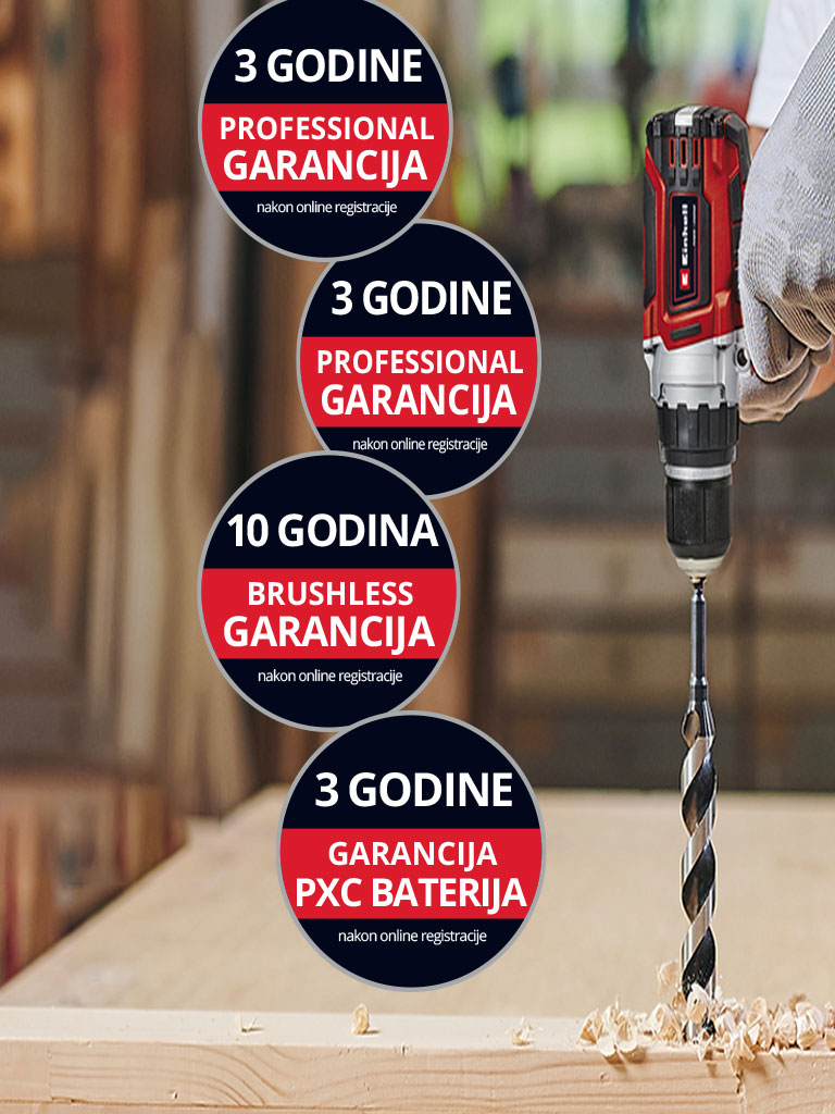 Ovdje možete vidjeti muškarca u radionici kako koristi Einhell bušilicu. Osim toga, na slici su postavljene ikone za različite vrste produženja jamstva. Sljedeća produženja jamstva su moguća: ‘Jamstvo proizvoda’, ‘Professional jamstvo’, ‘Brushless jamstvo’ i ‘Jamstvo za bateriju’.