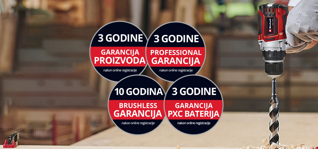 Ovdje možete vidjeti muškarca u radionici kako koristi Einhell bušilicu. Osim toga, na slici su postavljene ikone za različite vrste produženja jamstva. Sljedeća produženja jamstva su moguća: ‘Jamstvo proizvoda’, ‘Professional jamstvo’, ‘Brushless jamstvo’ i ‘Jamstvo za bateriju’.