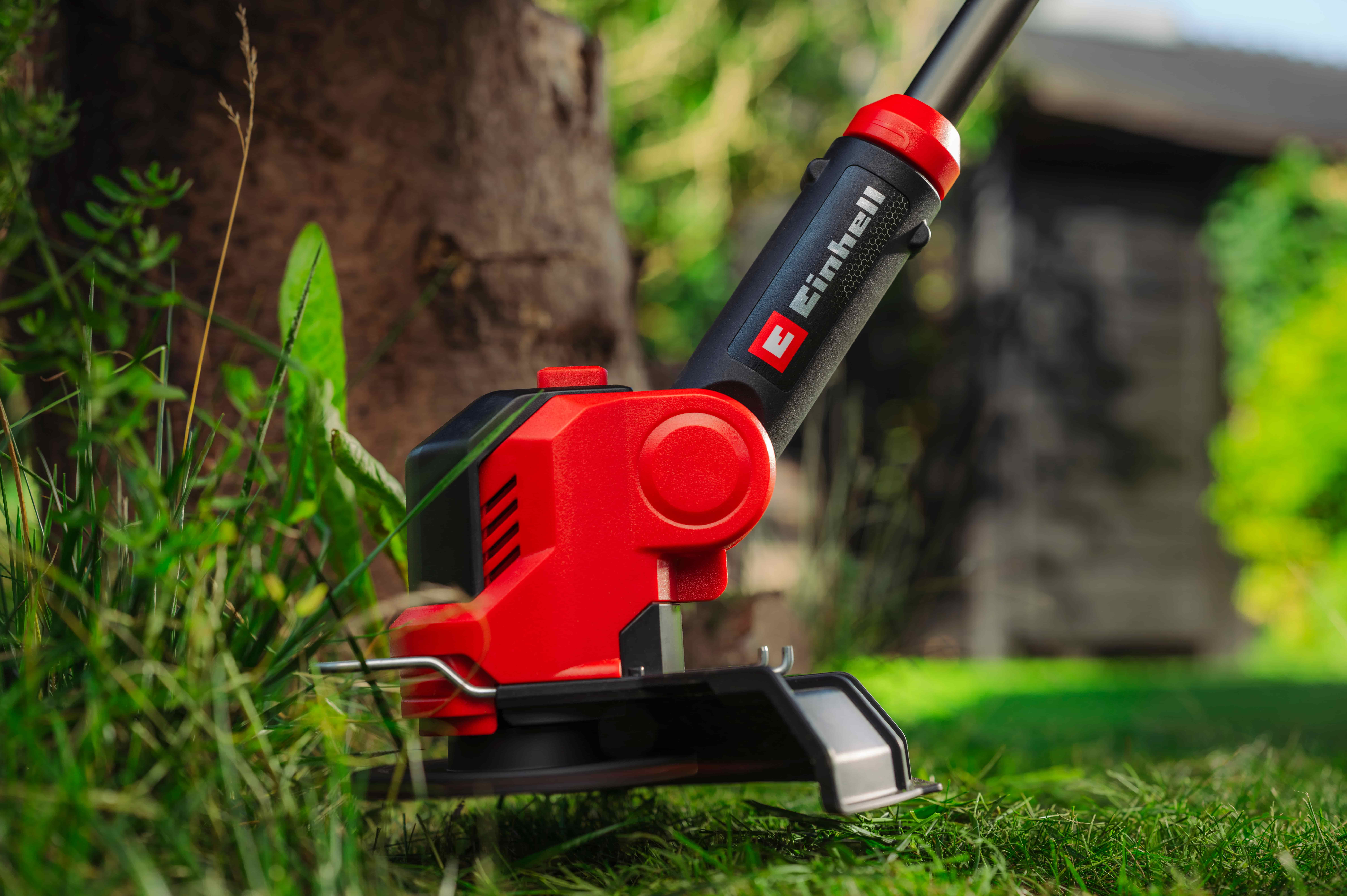 Einhell trimer reže travu oko stabla u vrtu.