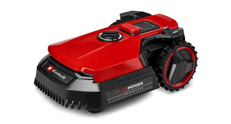 Robotska kosilica Einhell FREELEXO 500 u crvenoj boji s crnim akcentima, velikim kotačima i elegantnim, modernim dizajnom.