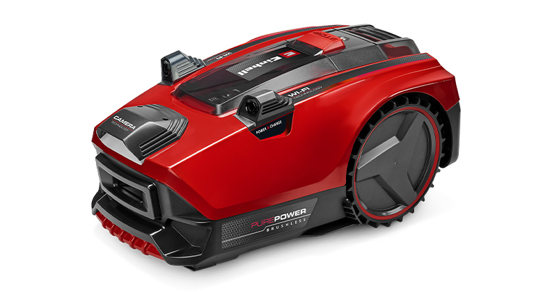 Robotska kosilica Einhell FREELEXO CAM PLUS 600 u crvenoj boji, s velikim točkovima, kamerama i natpisom „Pure Power Brushless“.